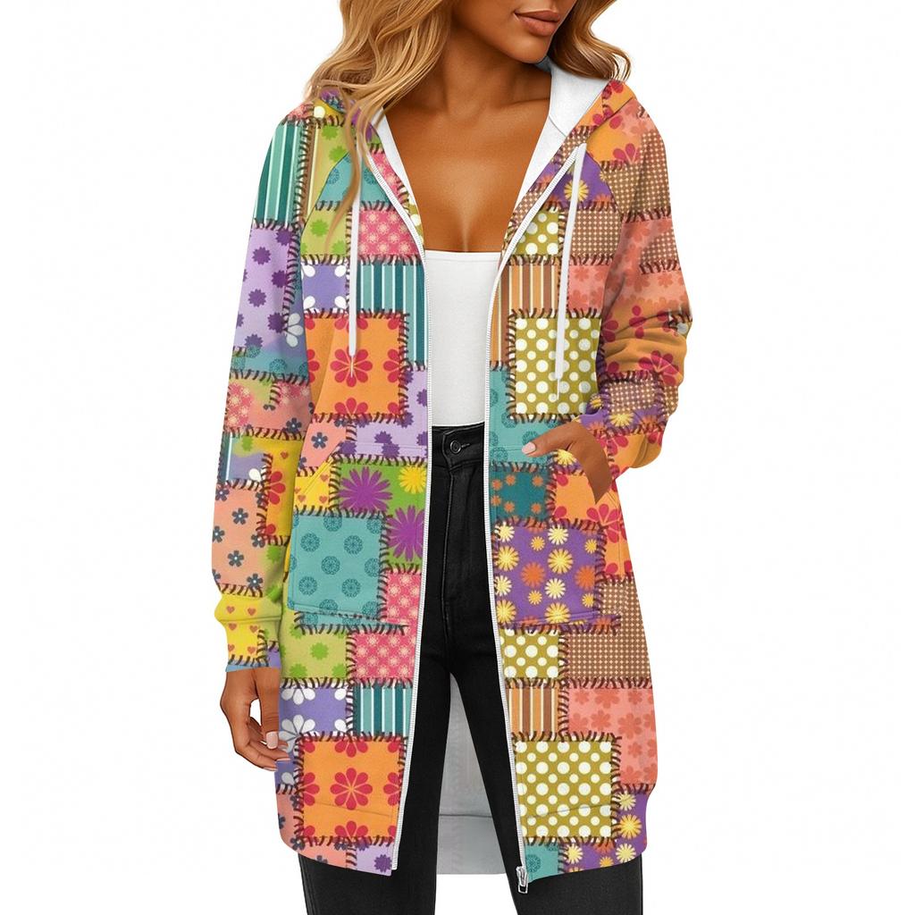 Women's Fashionable Printed Long Sleeved Drawstring Hooded Zipper Pocket Long Casual Sweatshirt Jacket