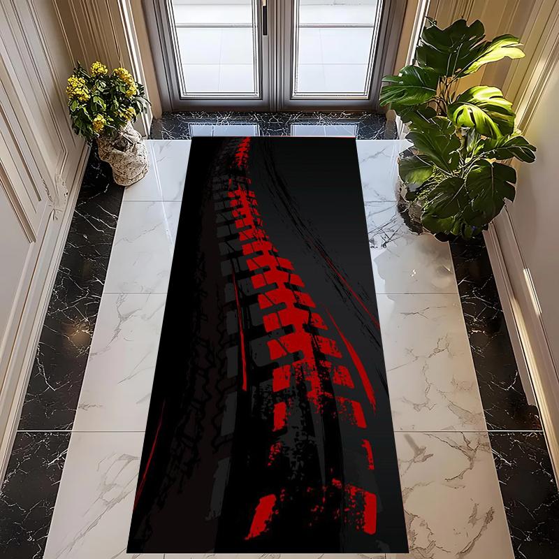 Car Tire Tread Runner Rug Red Black Automotive Print NonSlip Floor Mat for Entryway Hallway Garage Living Room Modern Home Decor
