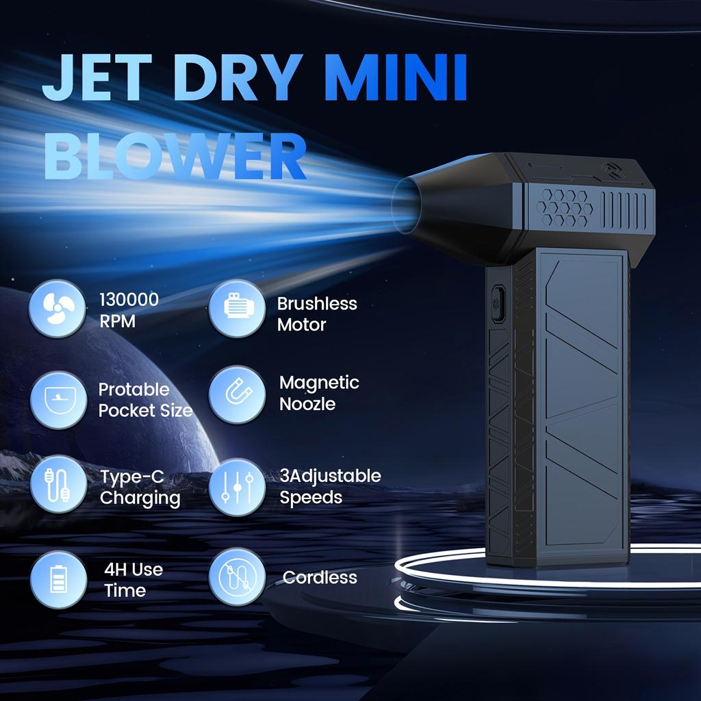 1Pc Black Rechargeable Portable Turbo Jet Fan Vortex Fan 130,000 RPM Powerful Blower with High Speed Air Tube Fan for Automotive, Cleaning,Jet Blower