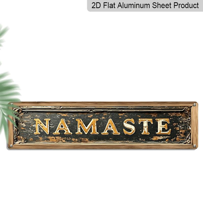 2D Flat, 1pc Indian Greetings "Namaste" Aluminium Decorative Sign - 15.7×3.94inch, Rustic Golden Lettering on Weathered Aluminium, Perfect for Home