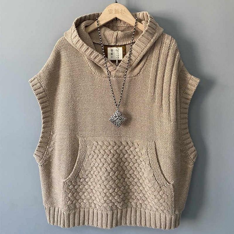 FiveFive Sweater Vest Women Retro Chic Hooded All-match Chinese Style Fashion Ladies Knitwear Front Pocket Autumn Basic Clothing