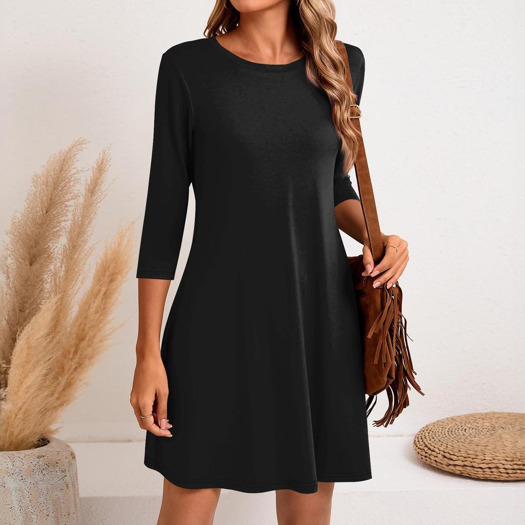 Женское модное повседневное однотонное короткое платье с круглым вырезом и рукавом три четверти