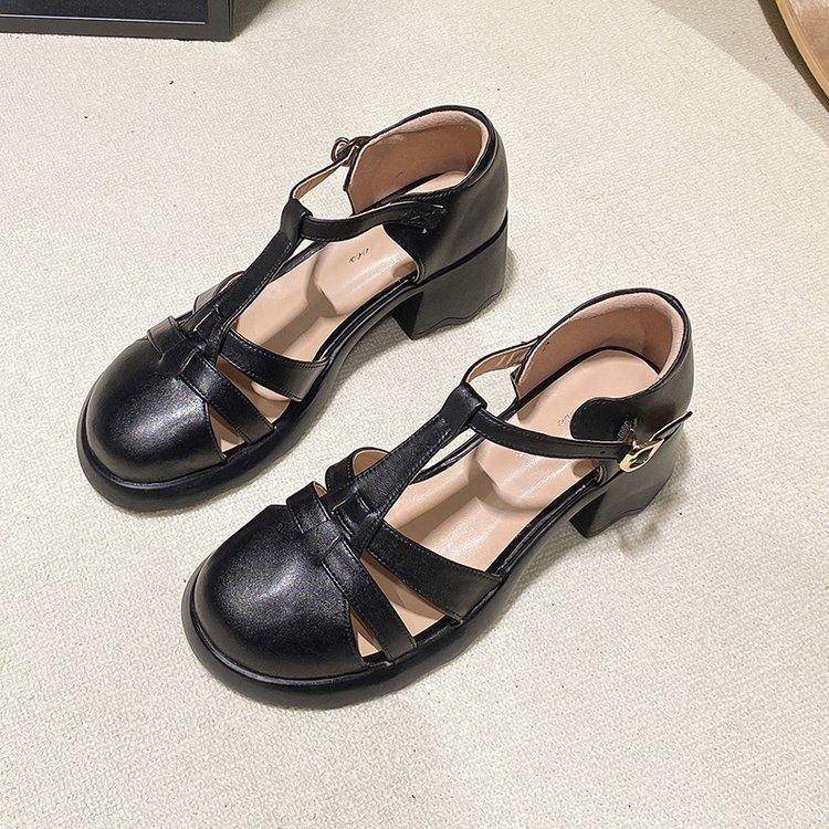 Черные летние женские босоножки на каблуках, лето 2024 г., удобные босоножки из искусственной кожи, женские босоножки на среднем каблуке с круглым носком в римском стиле