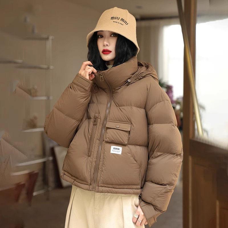 Hooded down bread clothes women's 2024 winter fashion design sense pockets thickened warm white duck down casual jacket