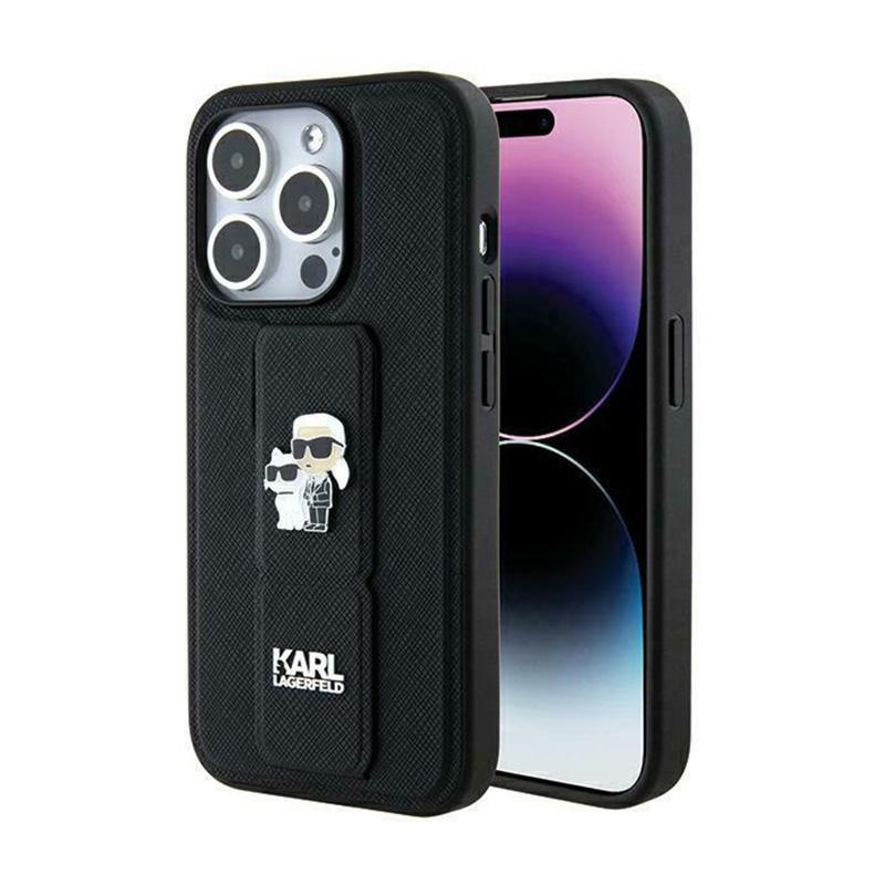 Karl Lagerfeld Gripstand Saffiano Karl & Choupette Pins - Etui Iphone 13 Pro (Czarny)