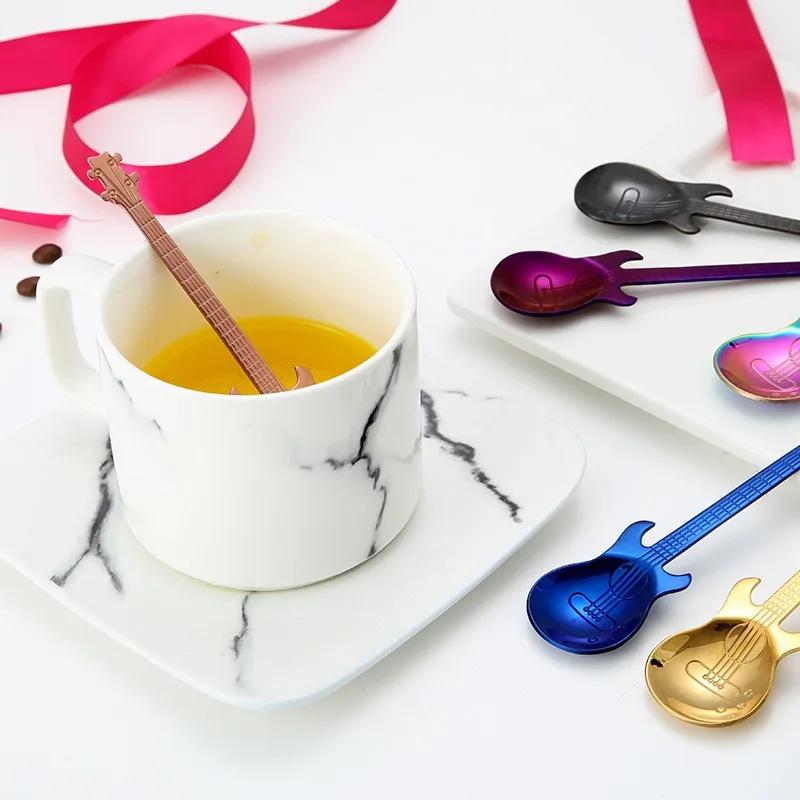 1 шт. Нержавеющая сталь гитара в форме любви кофейная ложка чайная детская ложка новая красивая 7 цветов кофейная чайная ложка кухонная ложка