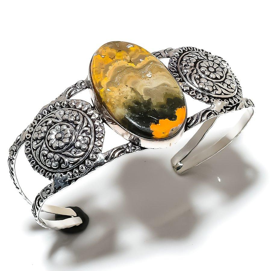 Натуральный драгоценный камень шмель-яшма, стерлинговое серебро 925 пробы, браслет-манжета, регулируемый. k9O23