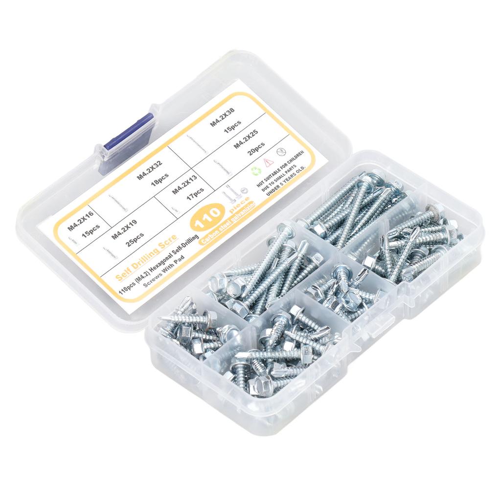 110Pcs Self Drilling Screw Hex Washer Head M4.2 6 Sizes Fastener Assortment Set Kit