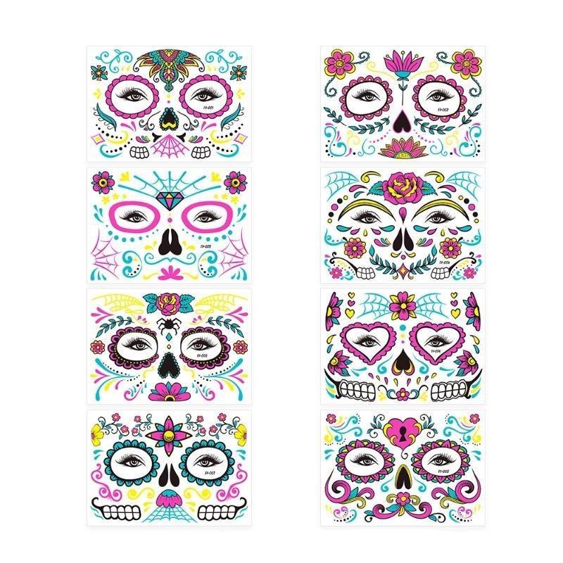 Новая флуоресцентная татуировка на лицо на Хэллоуин, День мертвых, забавная временная неоновая наклейка на лицо для фестиваля, маскарада, макияжа