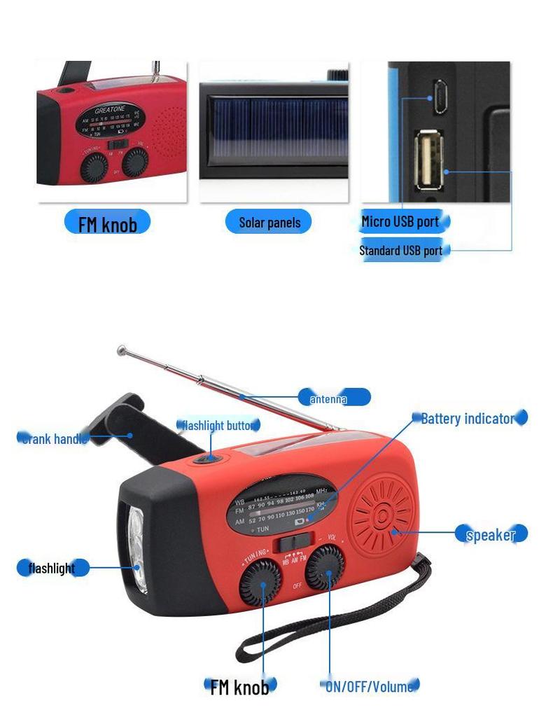 Аварийное радио с ручным заводом от солнечной энергии, 2000 мАч, с USB-зарядкой и защитой от стихийных бедствий