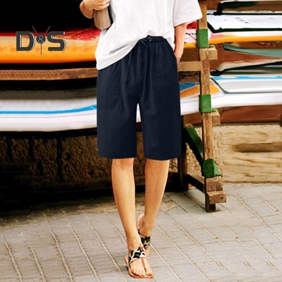 Женские летние шорты из хлопка и льна, повседневные шорты с широкими штанинами, завязывающиеся на шнурок, с карманами, длиной до колена для отдыха на пляже