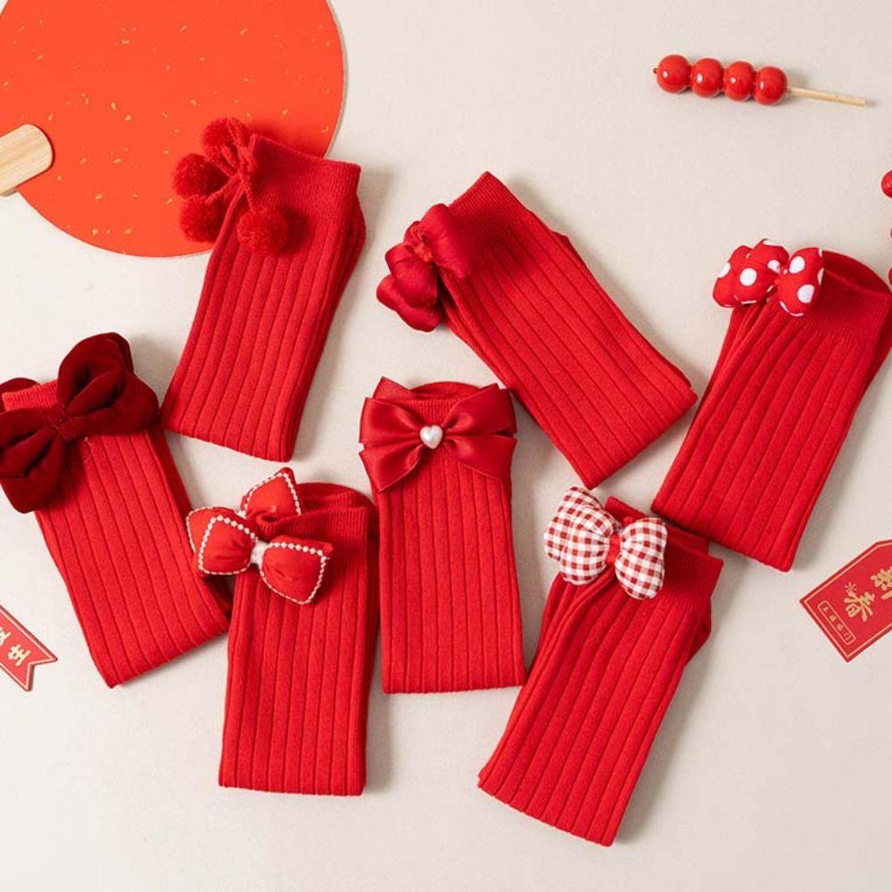 Cotton Bow Hosiery for Kids Middle Tube Sleeping Socks Warm New Year Red Socks Home Socks