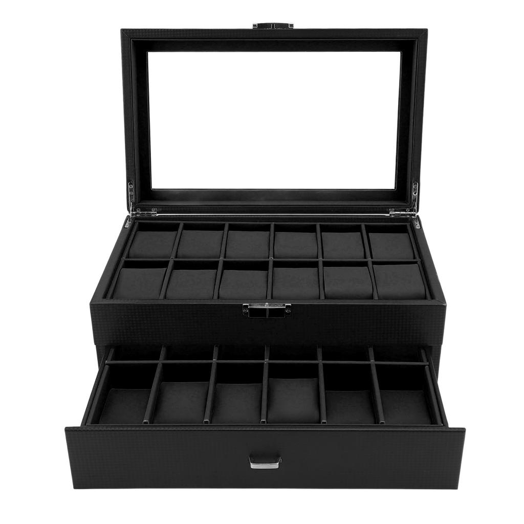 24 Slots Watch Display Box Carbon Fiber Watch Case with Drawer Design Waterproof PU Leather Interior Watch Organizer
