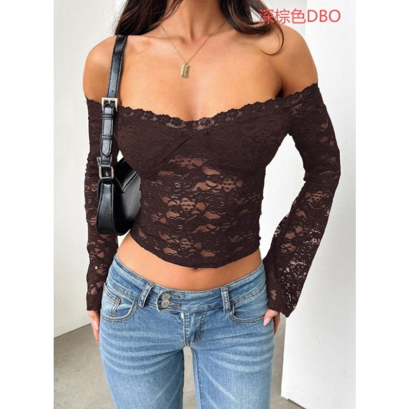 Y2K Сексуальная футболка с длинным рукавом Кружевная Женская с одним плечом Полая Приталенная Топ