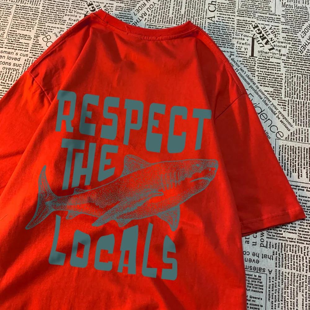 Футболка с принтом акулы Respect The Locals, дышащая уличная футболка, высококачественные футболки, летние хлопковые топы для пар