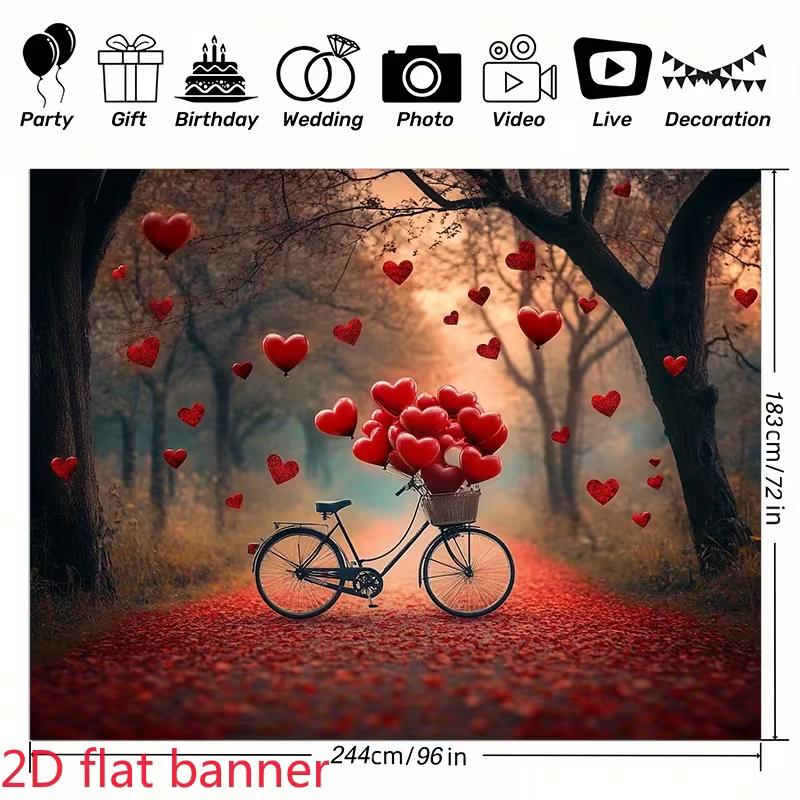 2D Hearts & Bicycle Backdrop for Valentine's Day, Wedding & Romantic Themed Party