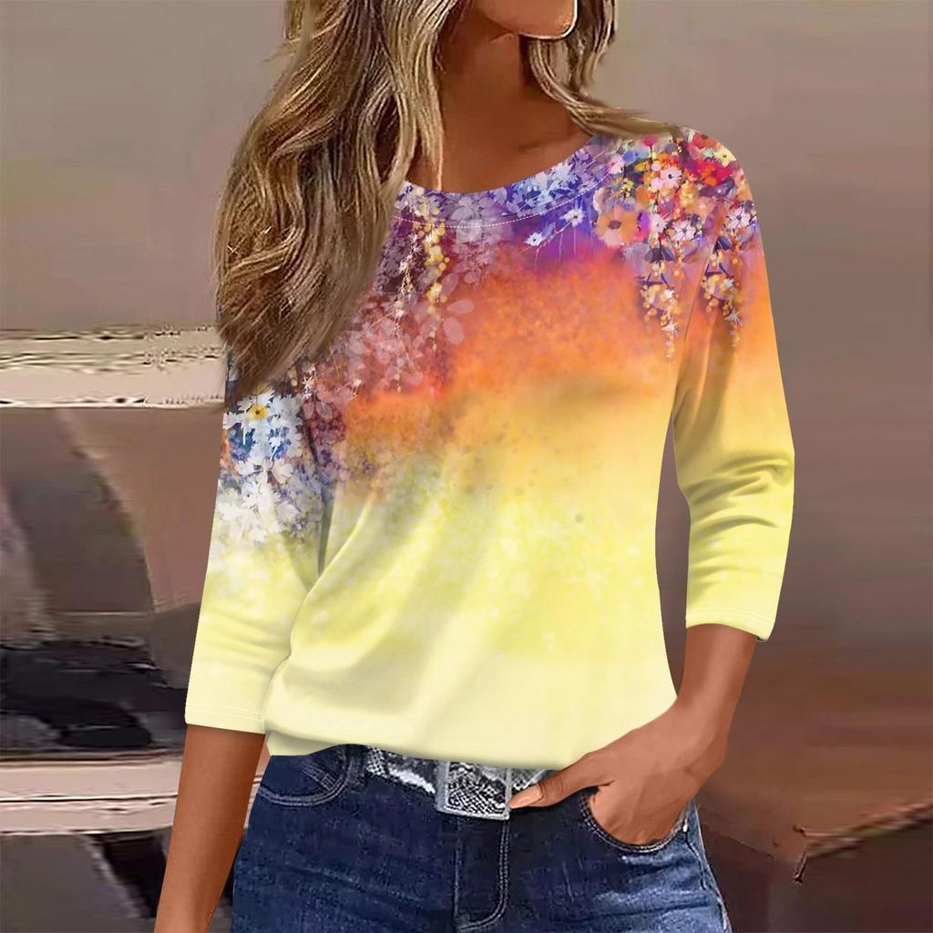 Женская футболка, модная повседневная футболка с круглым вырезом и рукавом 3/4, свободная футболка с принтом, женская футболка