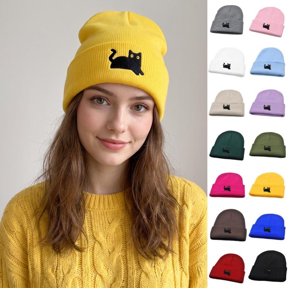 Warm Embroidered Cat Knitted Hat Cute Knit Cap Retro Winter Caps Winter