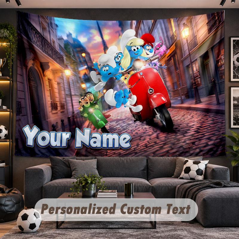 Wall Hanging Tapestry Custom NameSmurfs Pattern Personalized Printed Fabric Wall Decor