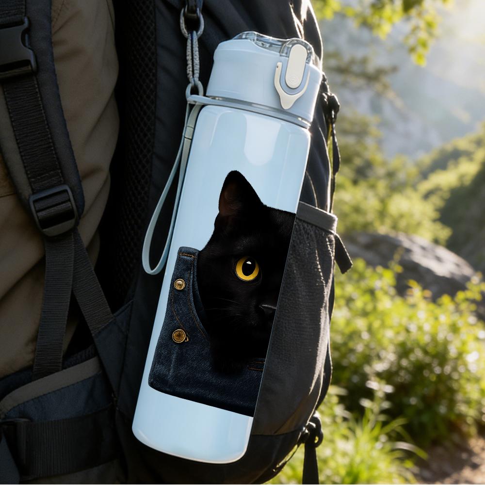 1PC Black Cat Denim Pocket Hidden 750ml Color Plastic Sports Water Bottle Leakproof Flip Straw Lid Suitable for Sports Office Home Use