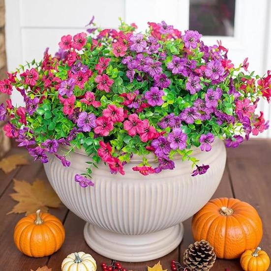 12 пучков искусственных цветов для улицы, разноцветная ипомея с эвкалиптом, устойчивый к УФ-излучению искусственный шелковый цветок для весны и лета, для дома, кашпо, крыльца