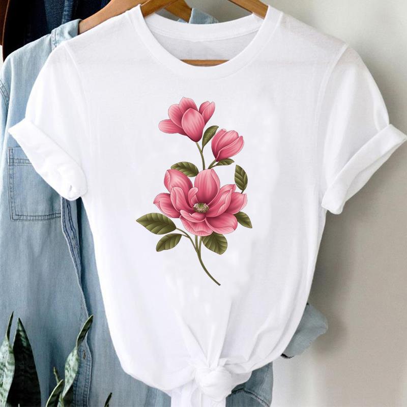 (Азиатский размер) Женская женская футболка с принтом, цветочный акварельный стиль, милая одежда 90-х годов, повседневная модная футболка с коротким рукавом, женские футболки с графикой