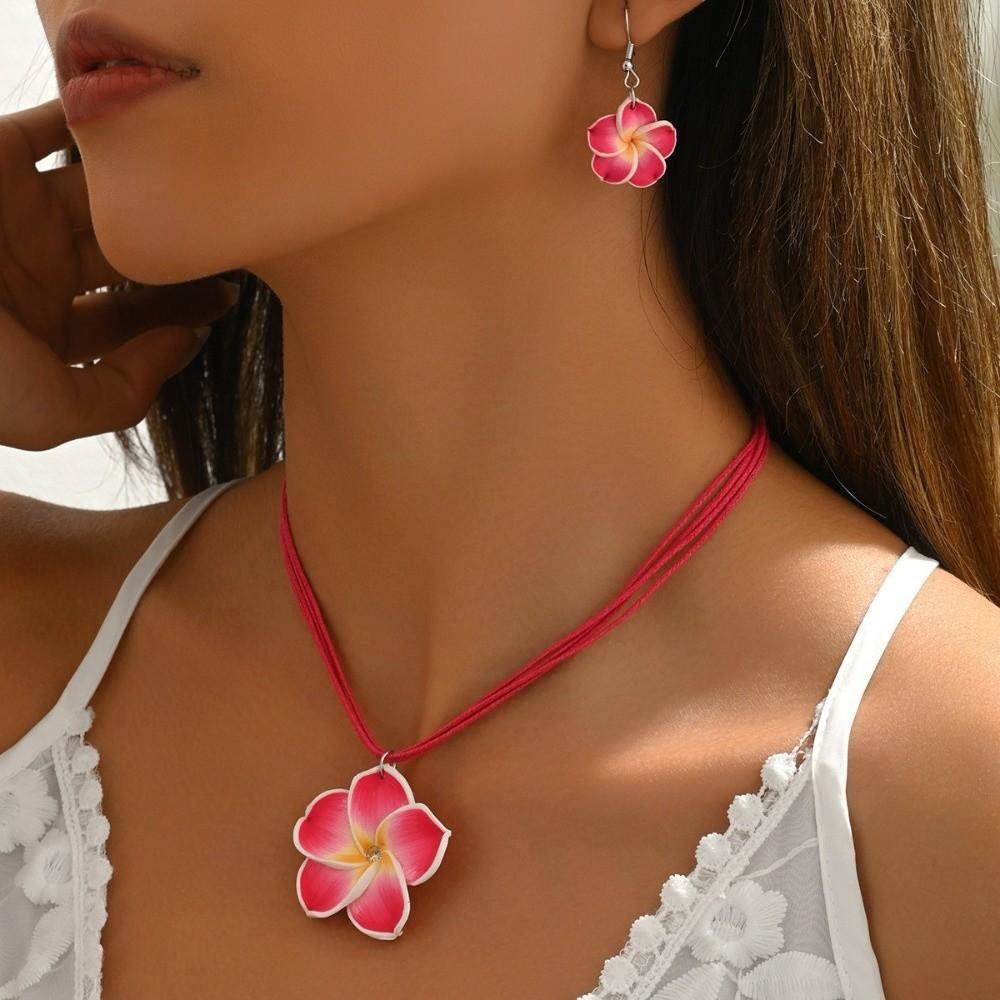 Matching Earrings Flower Necklace Earrings Set Soft Clay Wax Cord Necklace Set Summer Daily Wear