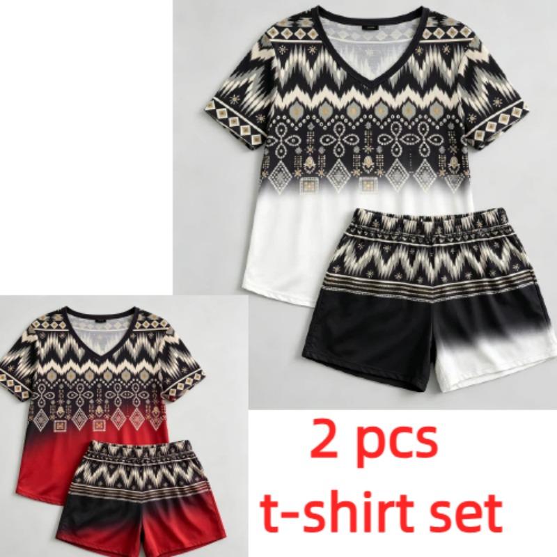 Summer Geometric Wavy Lines Pattern Printed V- Neck Short Sleeved T-Shirt And Shorts Set Women's and Men's T-shirt Shorts Set