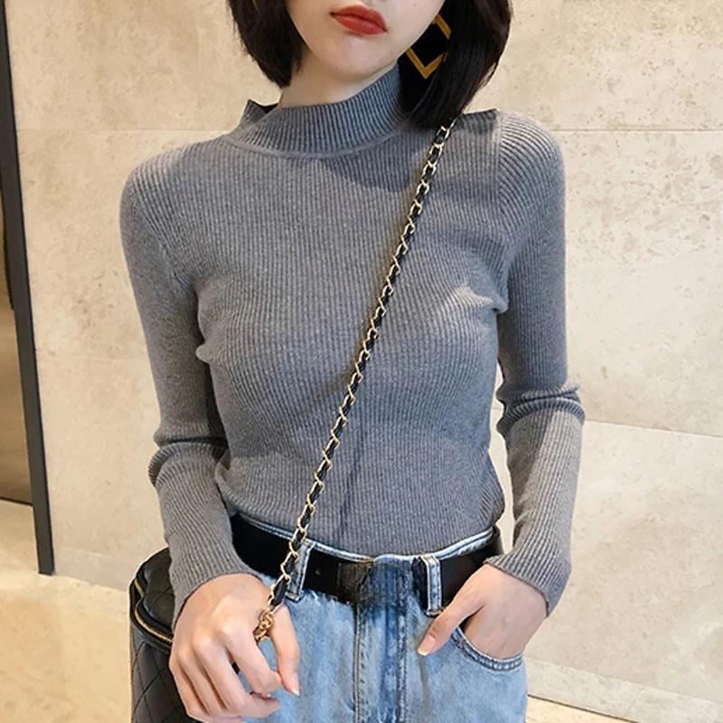 Осенние длинные рукава свитера женские полувысокий воротник вязаные свитера женские повседневные трикотажные топы однотонные облегающие зимние одежды 27972