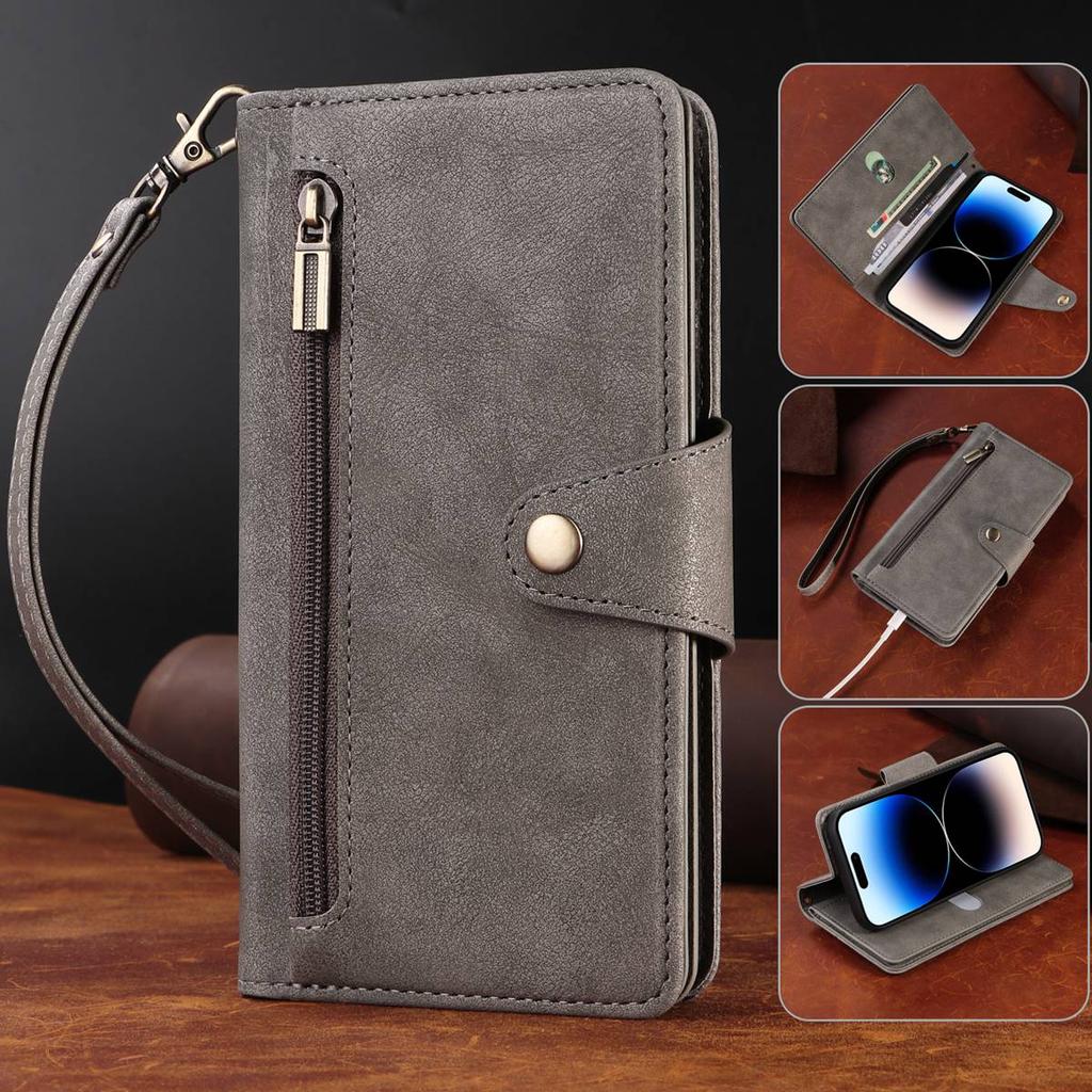 Многофункциональный двухслойный чехол-кошелек на молнии с отделениями для карт и карманом для наличных для iPhone 15, 14, 13, 12, 11, Samsung, Google, откидная крышка из искусственной кожи на ремешке