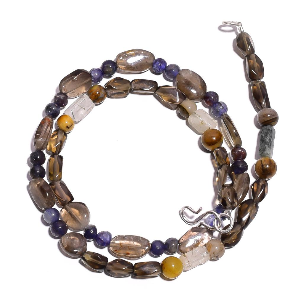 Natural Smoky Quartz Iolite Tiger Eye Gemstone Smooth Beads Necklace 17" UB-4297 UB-4297