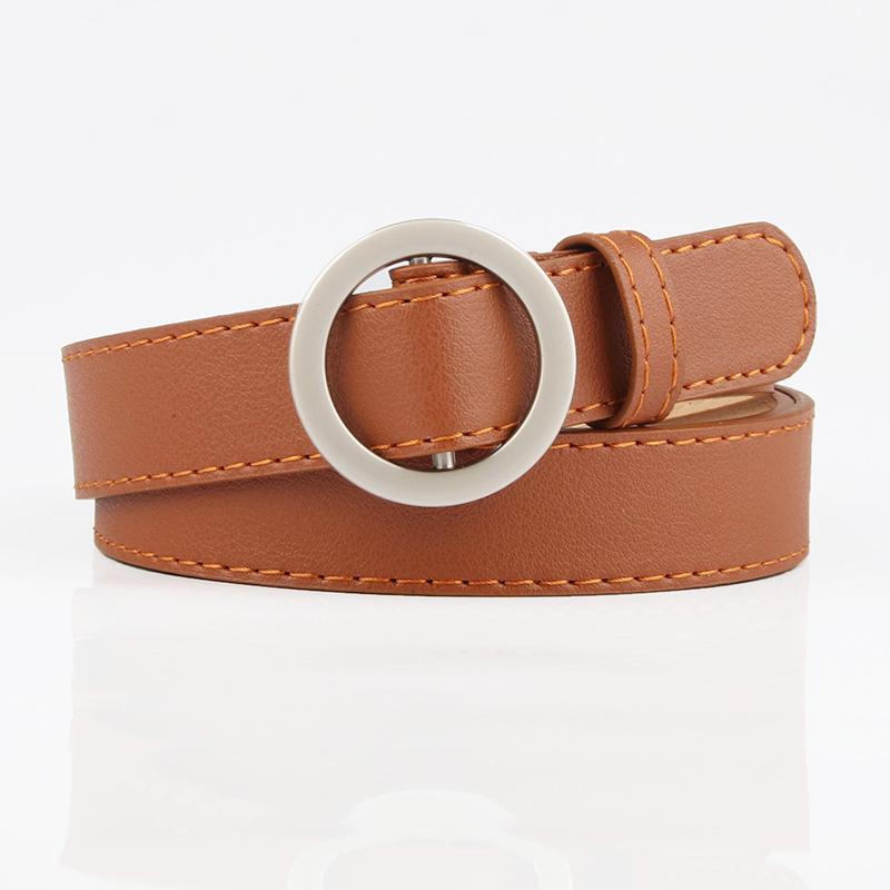 Ladies' Fashionable Pu Round Buckle, Hole-free, Simple Belt, Student Jeans Belt, Versatile Thin Waist Belt