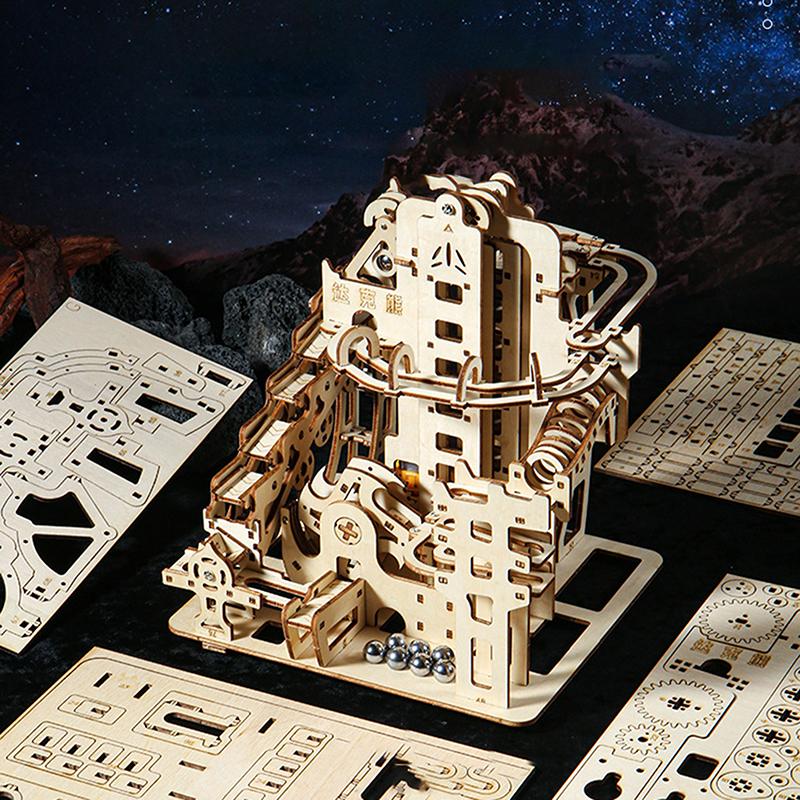 1 Set Marble Run Kit 3D Wooden Puzzles Electric Catapult Track Device Mechanical Model Science Maze Assembly Gift For Kids