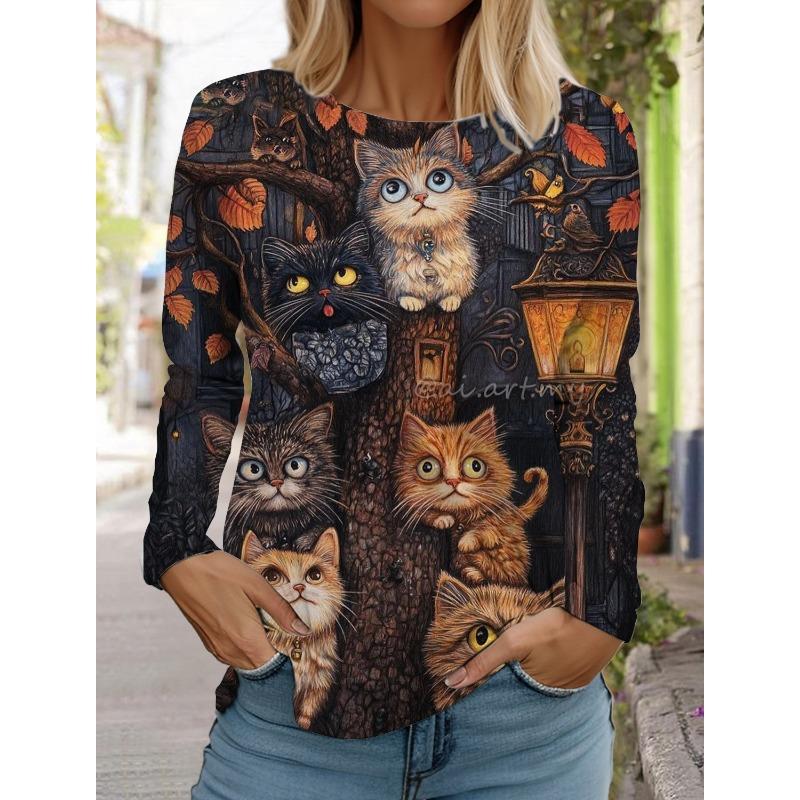 Женская толстовка с круглым вырезом, с длинным рукавом, модная, повседневная, с милым рисунком котенка и животных, с принтом топов