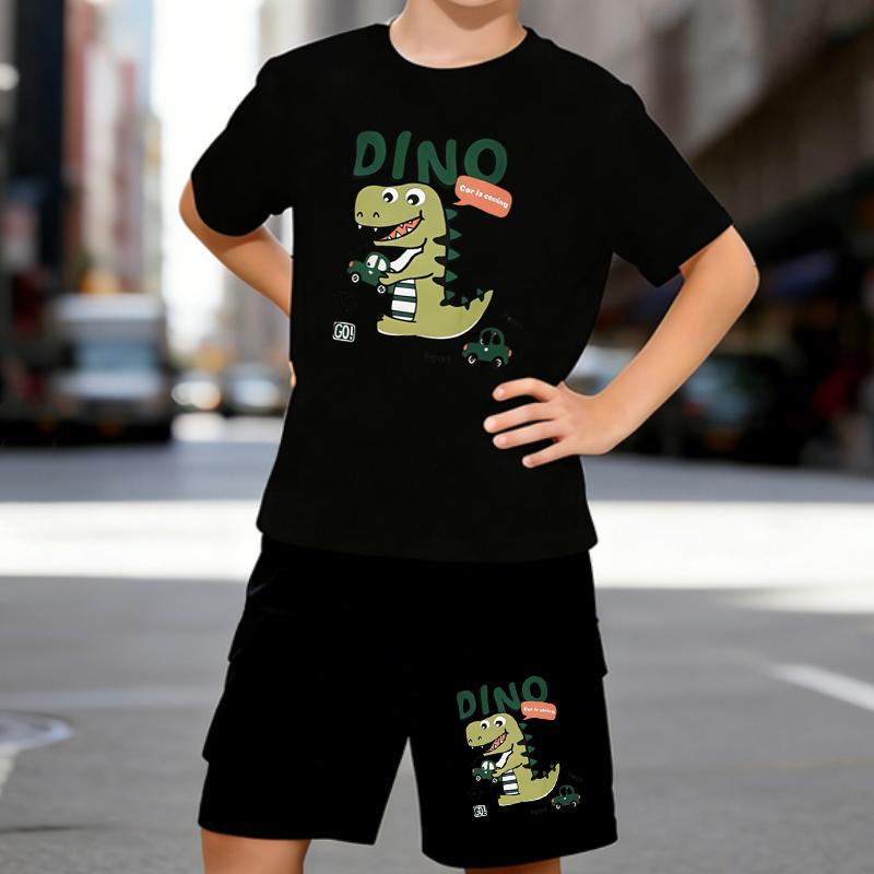 Boys 2 Piece Cartoon Dinosaur Print Outfit, Short Sleeve T-Shirt and Shorts Set for Kids Age 5-14,Black and White Sporty Casual Summer Clothes