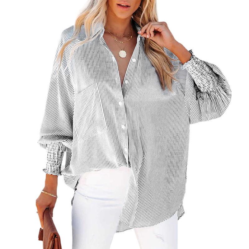 Новые женские весенние и осенние топы, полосатые рубашки с воротником-стойкой, свободные женские рубашки с длинными рукавами и пузырьками