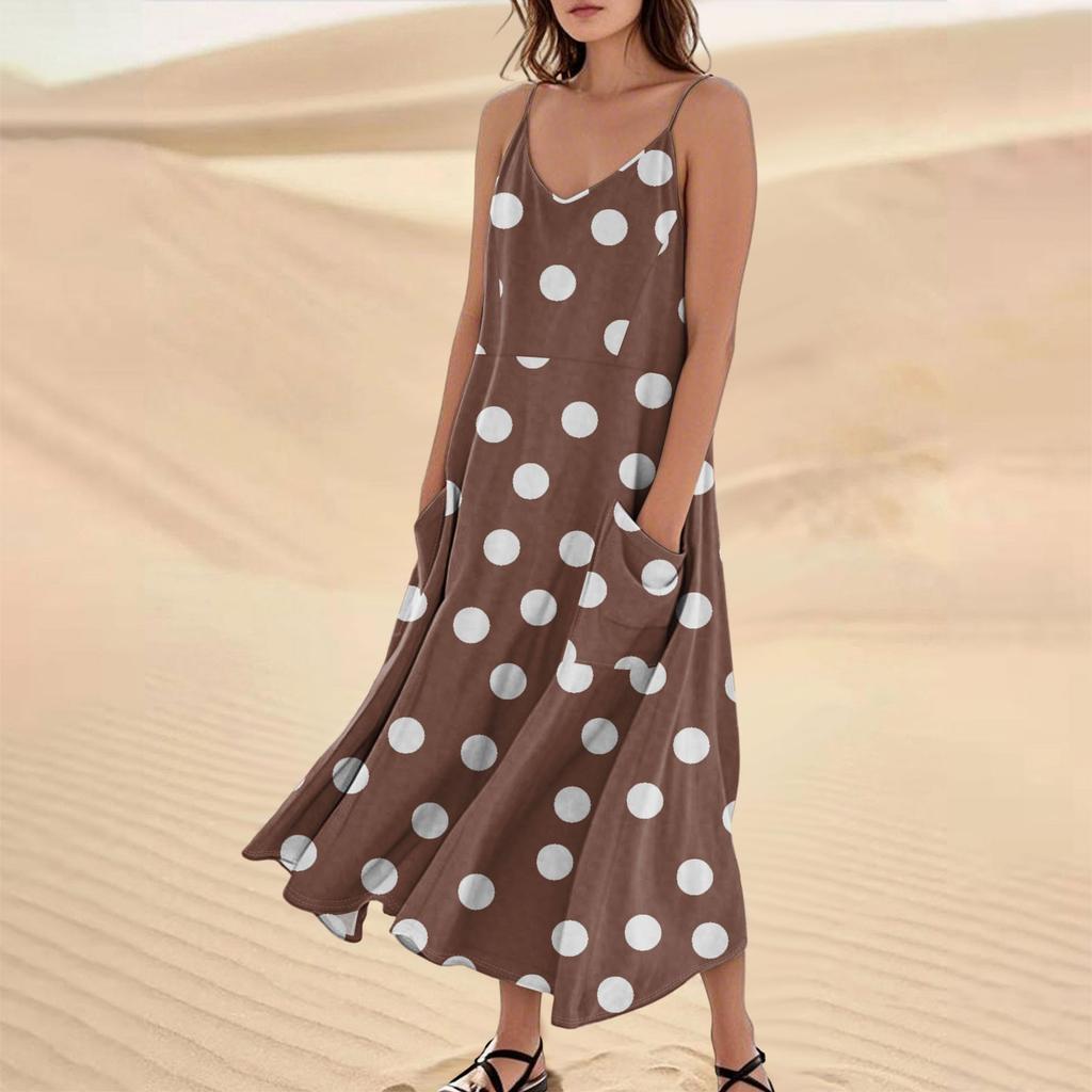 Women's Casual V Neck Dot Print Sleeveless Pocket Suspender Dress