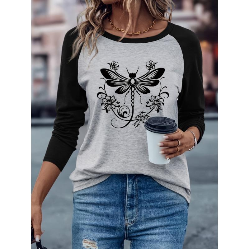 Women's daily simple, comfortable and casual round neck contrasting color raglan long-sleeved T-shirt