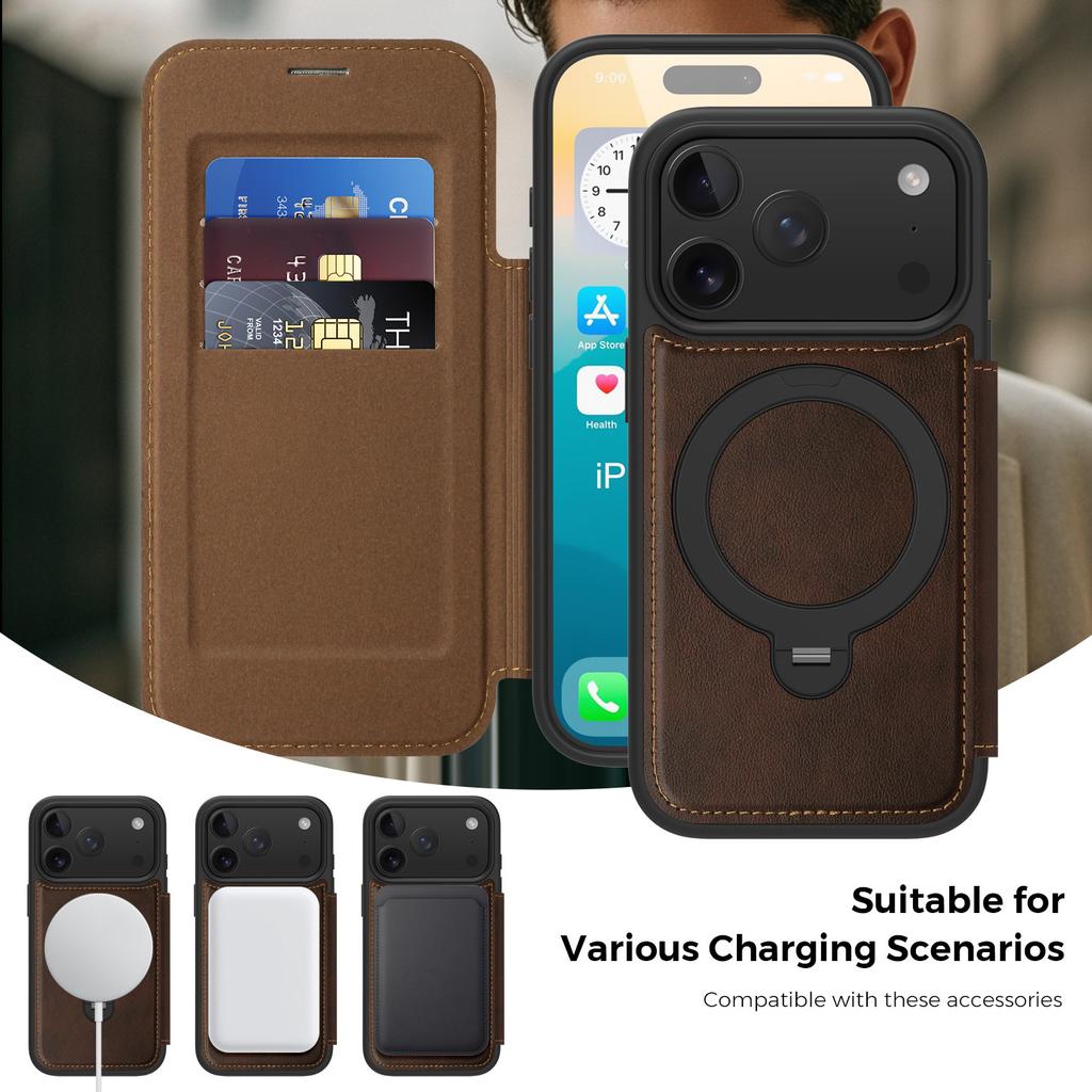 Magnetic Phone Case for iPhone 17 Pro Max Air 17e 16e 16 Plus 15 14 13 12 11 Wireless Charging Card Slot Bracket Leather Cover