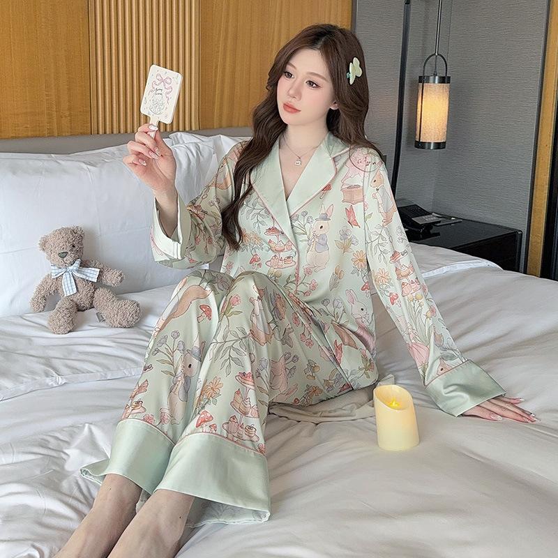 Ice Silk Pajamas for Women, Spring/Autumn Style Imitation Silk High-End Long-Sleeve and Long Pants Set, 1011 New Summer Loungewear