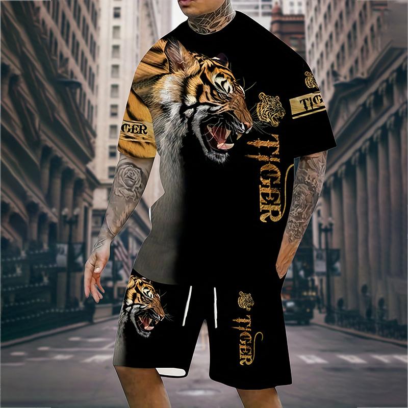 Мужской костюм, летний повседневный дышащий освежающий костюм с принтом 3D волка, свободный мужской топ, модный, короткие рукава