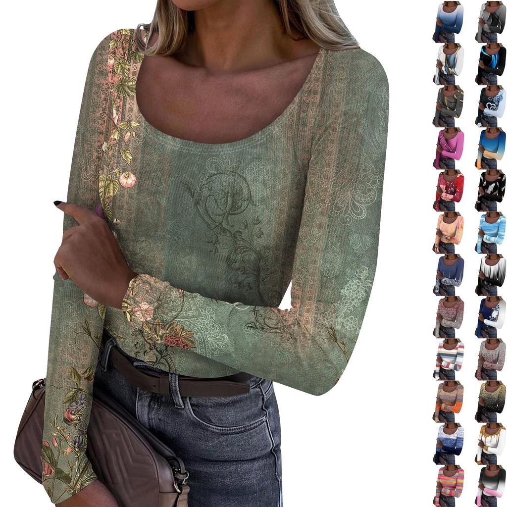 Women's Autumn And Winter Slim Fit Base T-shirt Fashionable Casual Gradient Regular Print U-neck Pullover Long Sleeved Top