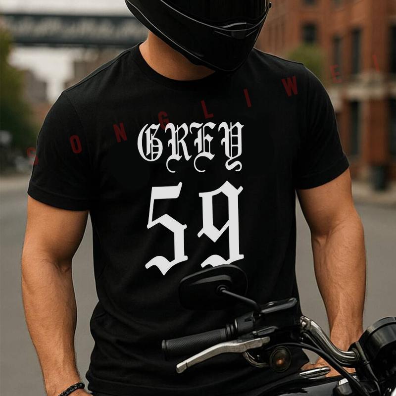 GREY 59 Y2k Gothic Print Motorcycle T-Shirt Cotton Men Summer TShirts Casual Short Sleeve Round