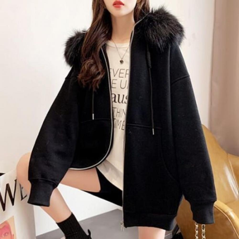 Navava Women Fleece Loose Fit Hooded Zip Up