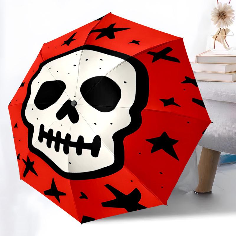 1pc Skull Red Automatic Umbrella | Portable Foldable 8-Rib Manual Open, Cute Birthday & Holiday Gift for Outdoor yy260107071