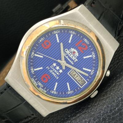 ЯПОНСКИЕ ВИНТАЖНЫЕ АВТОМАТИЧЕСКИЕ ЧАСЫ ORIENT CRYSTAL 46941 ДЛЯ МУЖЧИН С СИННИМ ЦИФЕРБЛАТОМ a704852-1