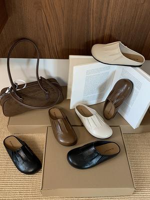 Верхняя одежда Мюли с круглым носком Повседневная обувь для женщин Ретро балетки Слипоны Французский стиль полутапочки Комфортные шлепанцы Сандалии с мягкой стелькой