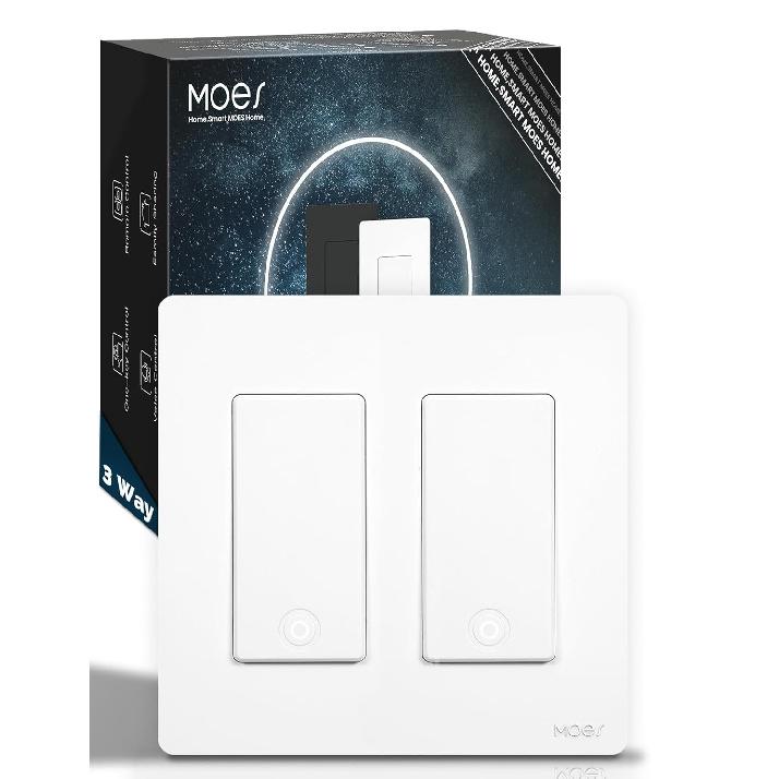 MOES Zigbee 3 Way Double Light Switch, 2 Gang Smart Wall Switches Single Pole, Require Neutral Wire, Support Remote Control, Compatible with