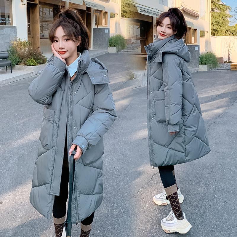 Женская осенне-зимняя однотонная свободная повседневная парка средней длины с капюшоном из ромбической решетки, пальто, куртки и верхняя одежда