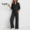Fabric Fitness Clothing Women Sweatshirt Pants 2-Piece Set, V-Neck Long Sleeve Top & Wide Yoga Outfits with Elastic Waistband Leg Trousers Waist,